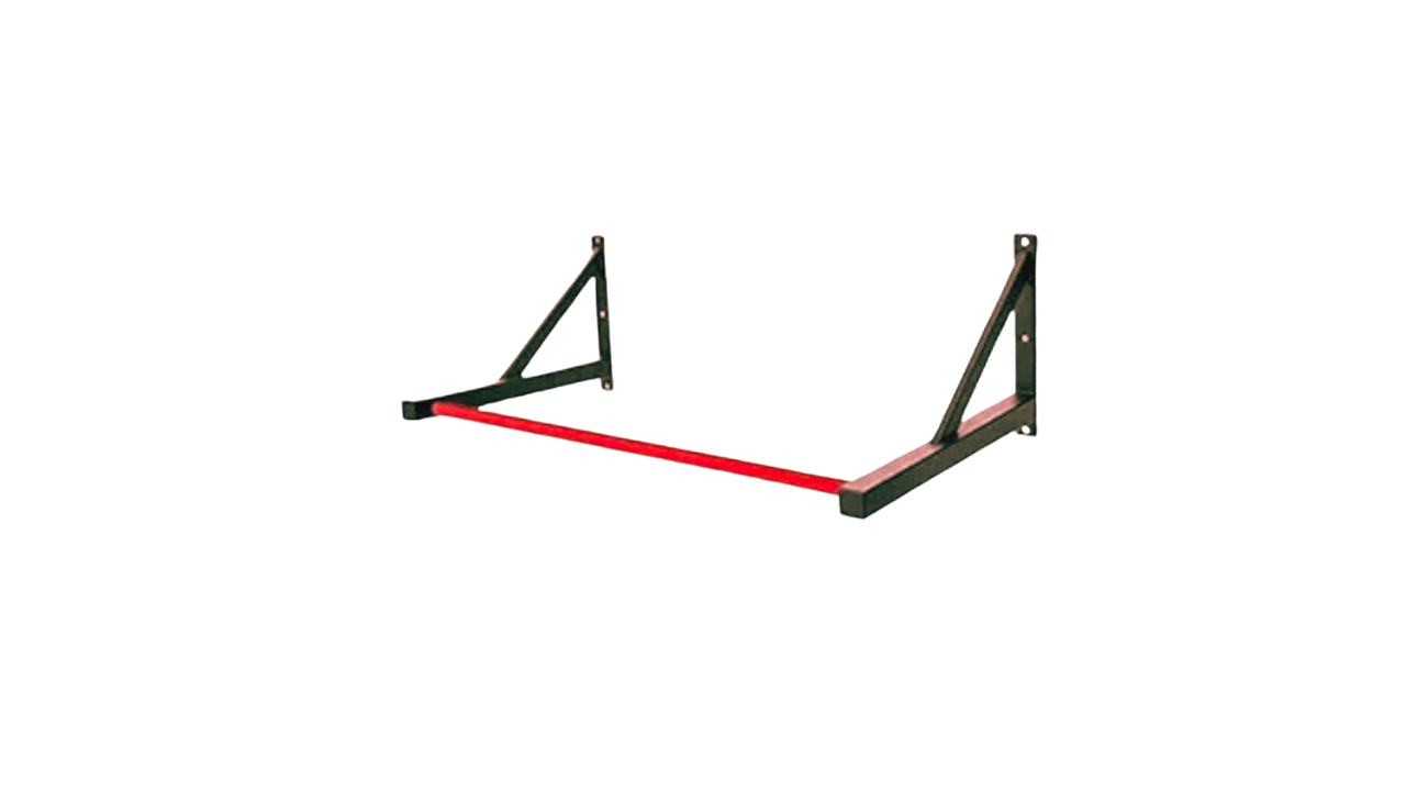 Heavy-duty wall-mounted pull-up bar with reinforced steel brackets for home gym strength training.
