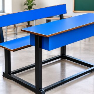 3 seater school desk with storage and attached bench