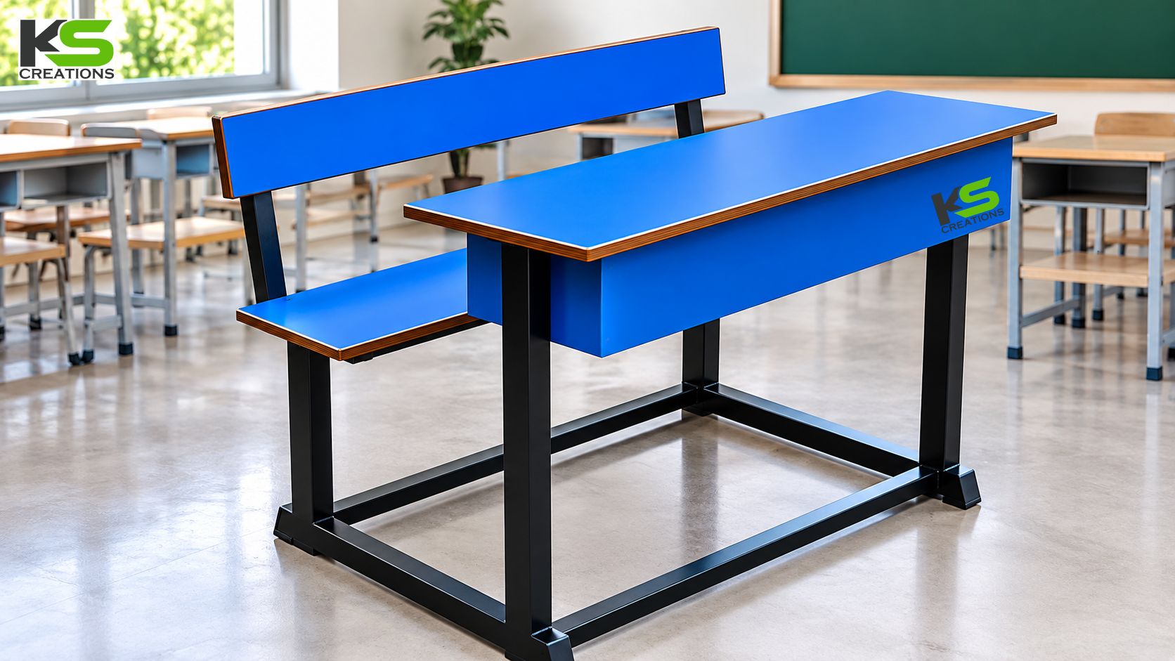 3 seater school desk with storage and attached bench