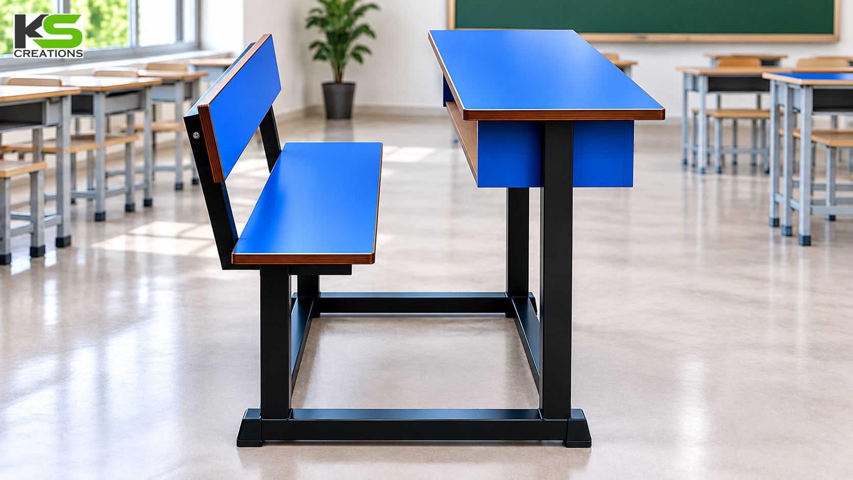 3 seater school desk with storage and attached bench
