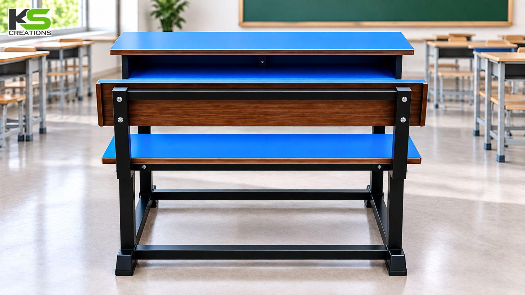 3 seater school desk with storage and attached bench