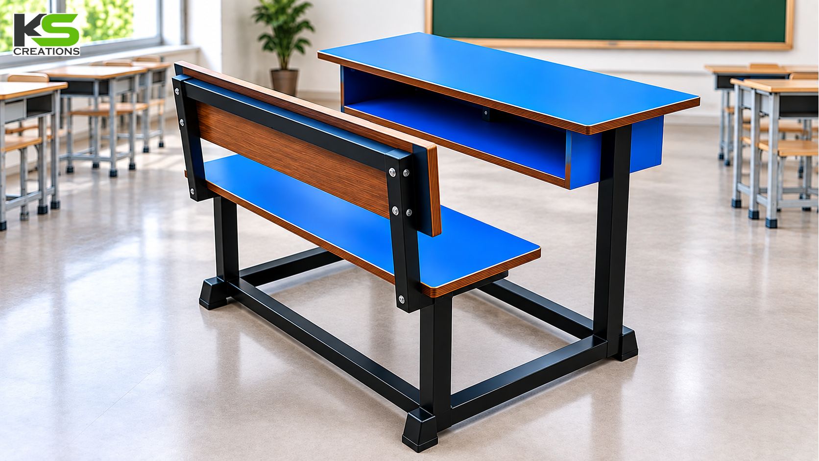 3 seater school desk with storage and attached bench