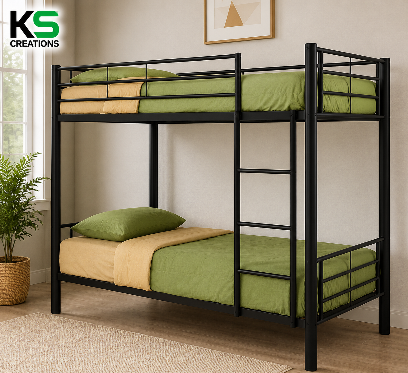KS Creations Modern Metal Bunk Bed | Twin Over Twin Bunk Bed with Safety Rails, Built-In Ladder & Sturdy Steel Frame