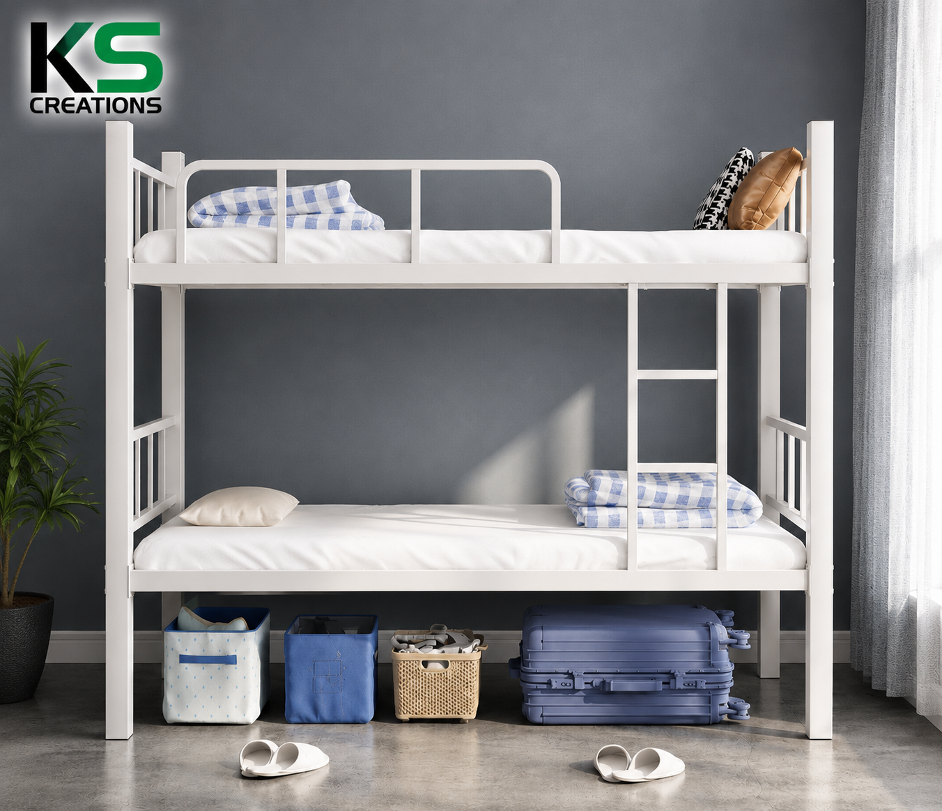 KS Creations Modern Metal Bunk Bed for Kids & Teens | Twin Over Twin Bed with Full-Length Safety Rails, Ladder & Durable Steel Frame