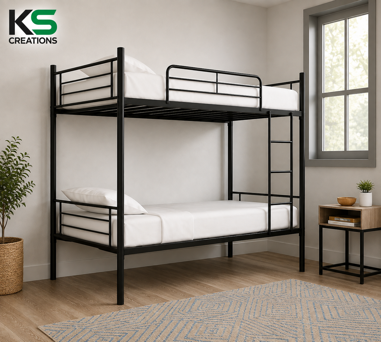 KS Creations Modern Metal Bunk Bed | Twin Over Twin Bunk Bed with Safety Guardrails, Built-In Ladder & Sturdy Steel Frame