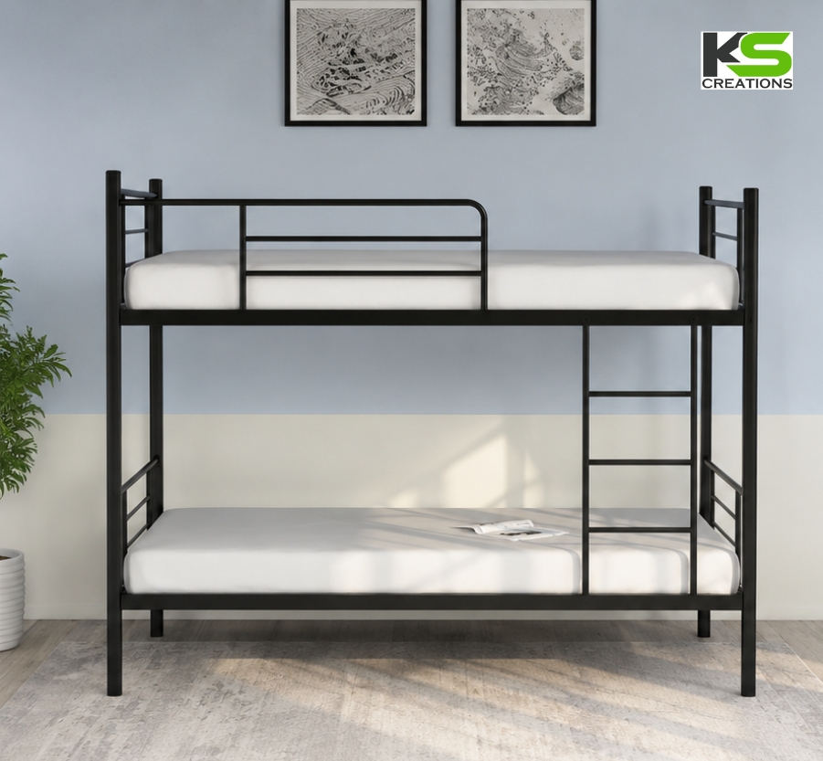 KS Creations Black Metal Bunk Bed for Kids & Teens | Twin Over Twin Bed with Full-Length Safety Rails, Integrated Ladder & Durable Steel Frame