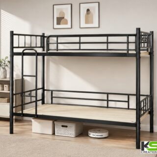 Heavy Duty Metal Bunk Bed with Safety Rails, Ladder & Wooden Finish – Customizable Height