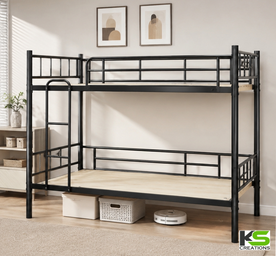Heavy Duty Metal Bunk Bed with Safety Rails, Ladder & Wooden Finish – Customizable Height